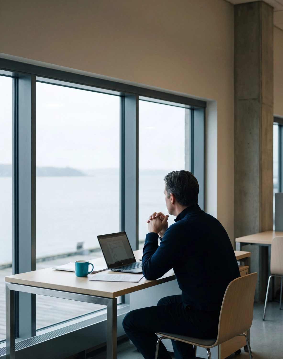 A manager sitting alone at a desk by a window overlooking calm water, hands folded, pausing between tasks